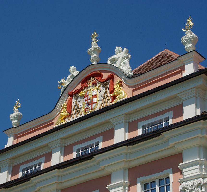 Image: Hermann Böhne Pediment with coat of arms and statuary, Meersburg New Palace