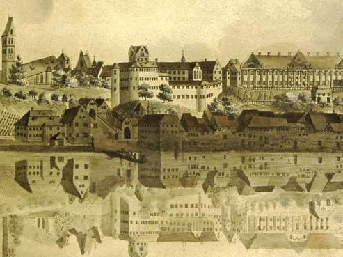  Old and New Meersburg Castle from the lake side, watercolour copperplate engraving by Heinrich Bleuler c. 1800